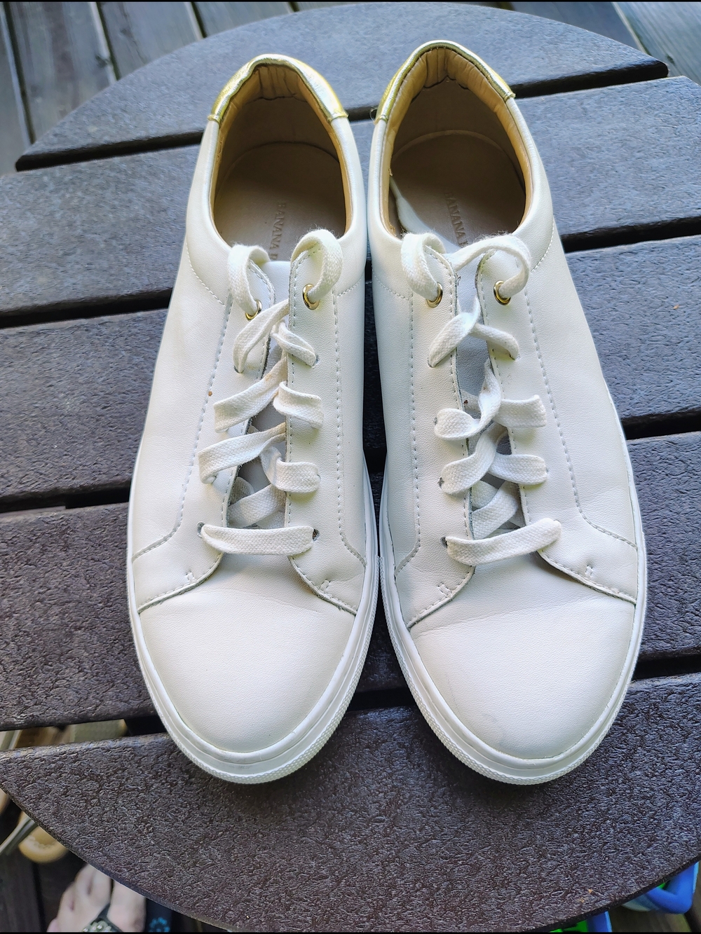 Women's Banana Republic White Low-Top Leather Sneakers with Gold Accent